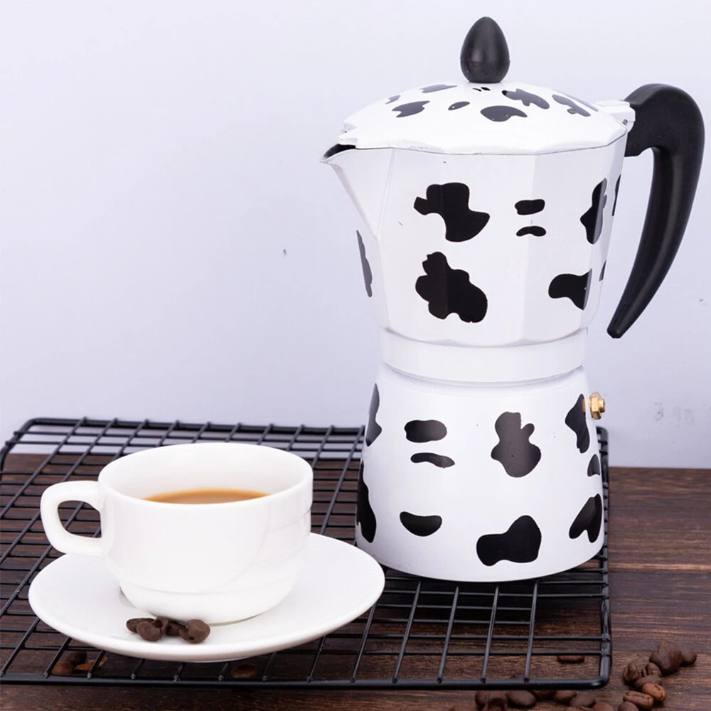 150ml/300ml Aluminum Alloy Cow Printed Coffee Maker Moka Pot Espresso Mocha Latte Percolator Filter Cafetera (image for) 150ml/300ml Aluminum Alloy Cow Printed Coffee Maker Moka Pot Espresso Mocha Latte Percolator Filter Cafetera